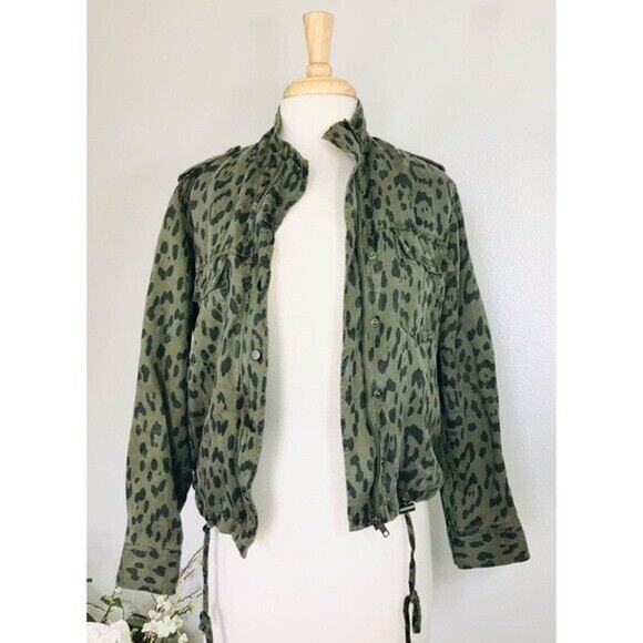 Rails Collins Jacket Linen Green Moto Utility Leopard Print Anthropologie , XS - Picture 2 of 7